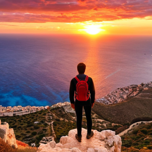 Home 18 **Dingli Cliffs Sunset Hike:** Majestic sunset view from Dingli Cliffs, Malta. A hiker silhouette stands on the edge, gazing at the colorful sky over the Mediterranean Sea. Capture the orange, red, and pink hues reflecting on the water.
