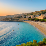 **

"A scenic view of Golden Bay, Malta, showcasing the golden sand beach and clear blue water, with gentle waves. In the background, rolling hills covered in green vegetation. The sky displays a vibrant sunset with colors of orange, pink, and gold. People are swimming and enjoying the beach in a family-friendly atmosphere. Fully clothed, appropriate attire, safe for work, perfect anatomy, natural proportions, professional photography, high quality, Malta tourism"

**