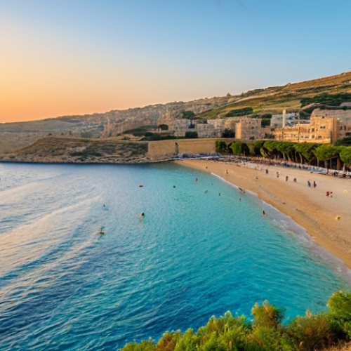 Home 17 **
"A scenic view of Golden Bay, Malta, showcasing the golden sand beach and clear blue water, with gentle waves. In the background, rolling hills covered in green vegetation. The sky displays a vibrant sunset with colors of orange, pink, and gold. People are swimming and enjoying the beach in a family-friendly atmosphere. Fully clothed, appropriate attire, safe for work, perfect anatomy, natural proportions, professional photography, high quality, Malta tourism"
**