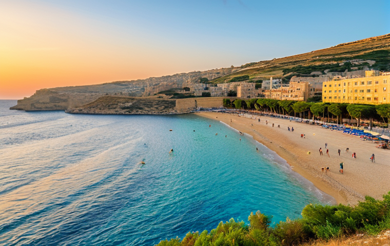 **

"A scenic view of Golden Bay, Malta, showcasing the golden sand beach and clear blue water, with gentle waves. In the background, rolling hills covered in green vegetation. The sky displays a vibrant sunset with colors of orange, pink, and gold. People are swimming and enjoying the beach in a family-friendly atmosphere. Fully clothed, appropriate attire, safe for work, perfect anatomy, natural proportions, professional photography, high quality, Malta tourism"

**