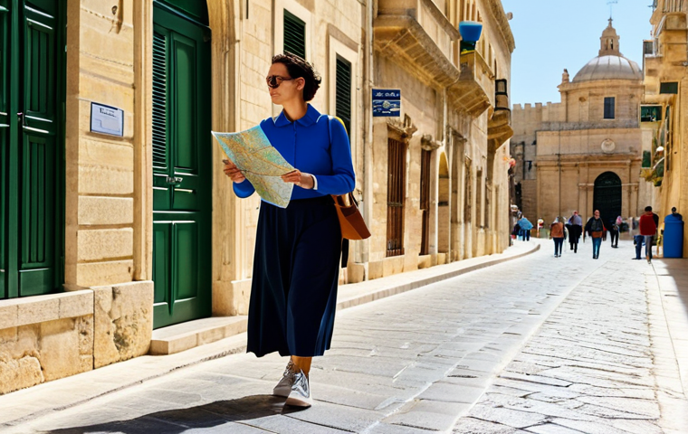 **

"A tourist woman fully clothed in modest attire, exploring the streets of Valletta, Malta, during a sunny day. She is wearing comfortable walking shoes and carrying a map. Background shows historical buildings and shops. Safe for work, appropriate content, professional photography, perfect anatomy, natural proportions, family-friendly."

**
