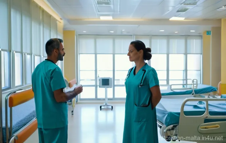 몰타 의료 시스템 - **Modern Public Hospital Scene:** A wide, bright, and impeccably clean interior shot of Mater Dei Ho...