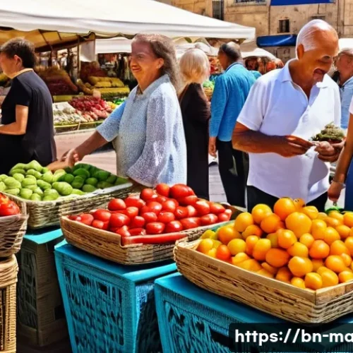 몰타어 기초 회화 - A vibrant and bustling outdoor market scene in a historic town square in Malta. The square is paved ...