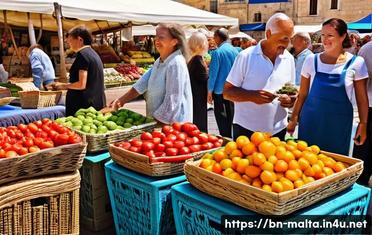 몰타어 기초 회화 - A vibrant and bustling outdoor market scene in a historic town square in Malta. The square is paved ...