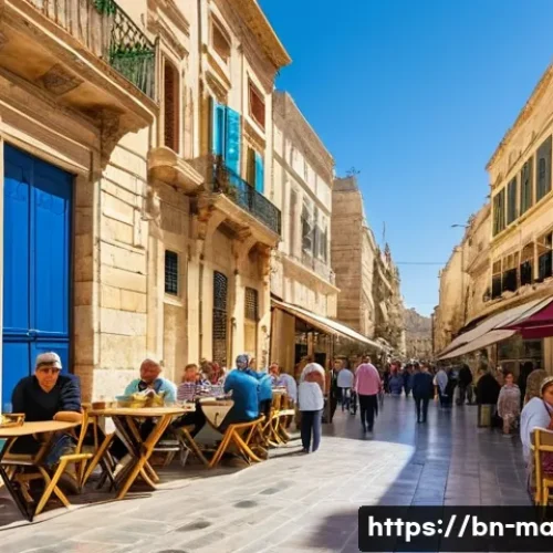 몰타 인구 구성 - **Prompt 1: "A bustling, sunlit town square in Valletta, Malta, alive with a diverse mix of people f...