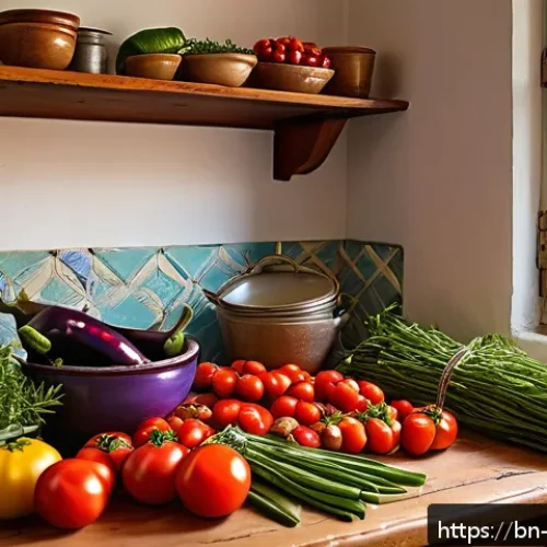 몰타 지중해 요리 특성 - A vibrant Maltese kitchen scene showcasing a rustic wooden table filled with fresh local seasonal ve...