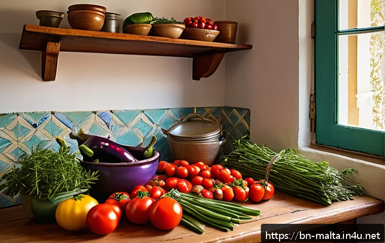 몰타 지중해 요리 특성 - A vibrant Maltese kitchen scene showcasing a rustic wooden table filled with fresh local seasonal ve...