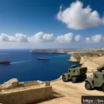 몰타 제2차 세계대전 역할 - A detailed historical scene of Malta during World War II, featuring a rugged Mediterranean island la...
