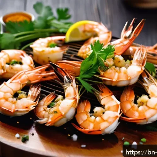 몰타 해산물 요리 추천 - A vibrant, close-up image of a grilled Malabar prawn dish marinated with lemon juice, garlic paste, ...
