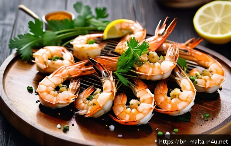 몰타 해산물 요리 추천 - A vibrant, close-up image of a grilled Malabar prawn dish marinated with lemon juice, garlic paste, ...