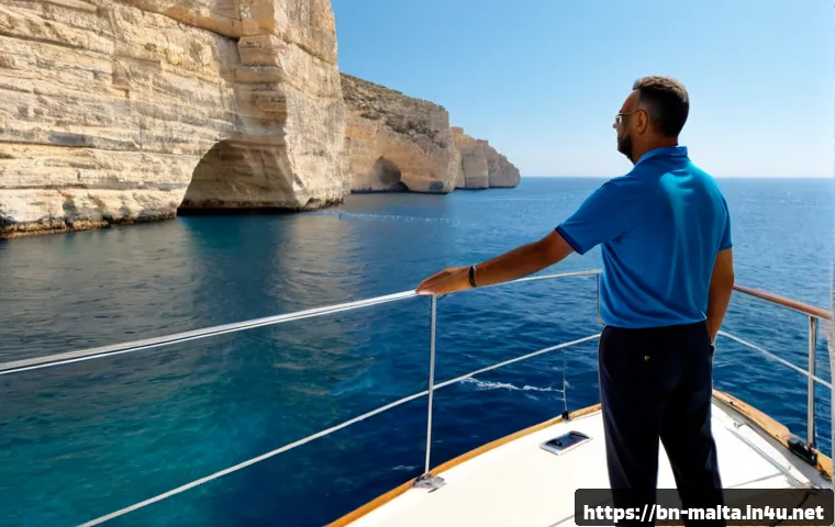 몰타 요트 투어 가이드 - Photorealistic Malta yacht tour scene, friendly local guide in a neat navy polo standing on the deck...