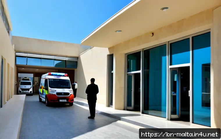 몰타 병원 및 약국 - Photorealistic exterior of a modern hospital in Malta, warm limestone architecture overlooking a cal...